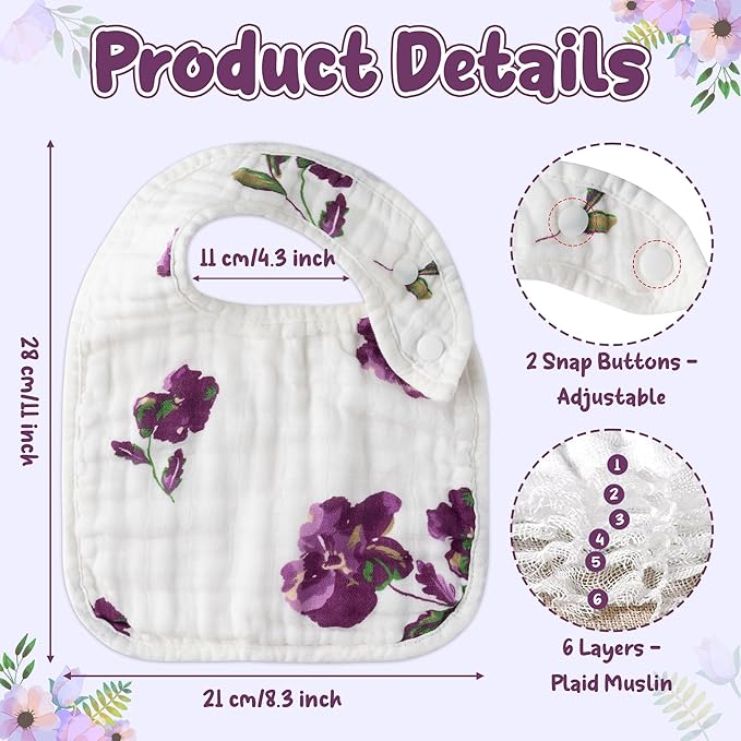 Zainpe 6Pcs Snap Muslin Cotton Baby Bibs Flower Pattern Infants Drooling Bib Soft Absorbent Adjustable Burp Cloths Feeding Cloth for Unisex Newborns Girls Boys Toddlers Teething Eating 0 to 36 Months