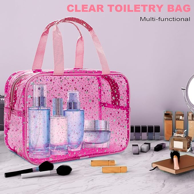 Clear Red Star Large Makeup Bag with Star Pattern 12x5x8 inch, Travel Cosmetic Bag with Handle, Durable PVC Material Washbag Zipper Opening Design for Makeup Travel Organizer or Gym Use