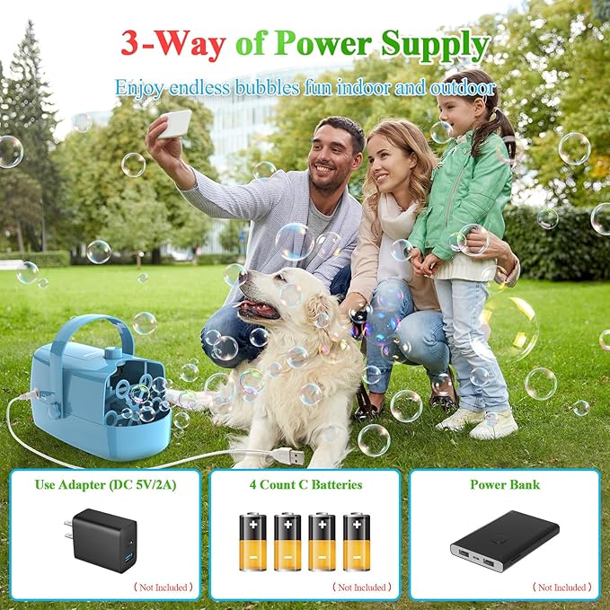 Bubble Machine, 3-in-1 Bubble Maker, Automatic Bubble Blower with 3 Bubble Wands, 8000+ Colorful Bubbles for Kids Toddlers, Operated by Plug-in or Batteries for Indoor Outdoor Birthday Party