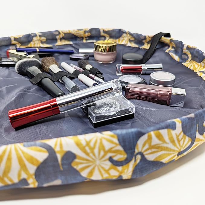 Lay-n-Go Cosmo Layflat Drawstring Cosmetic & Makeup Bag Organizer - Portable Drawstring Bag w/Zipper Pocket, Makeup Loops & More - Durable, Machine Washable Costmeic Bag for Travel (20", Elephants)