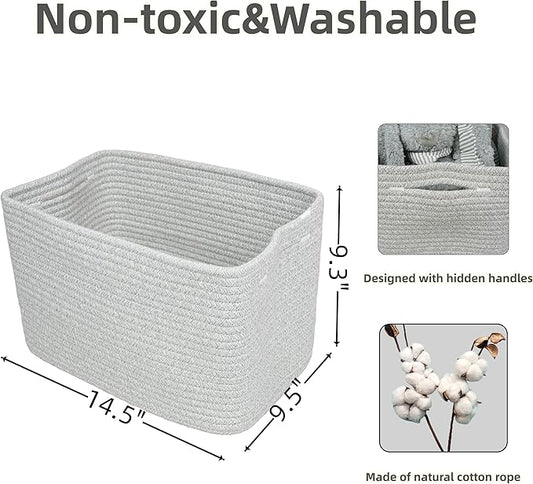 Cotton Rope storage Basket Bins Woven Basket for Organizing Shelves 14.5X9.5X9.3“ Rectangle Decorative Baskets For storage Clothes Toys Books Towels Square Wicker Nursery basket organizer 3 pack grey