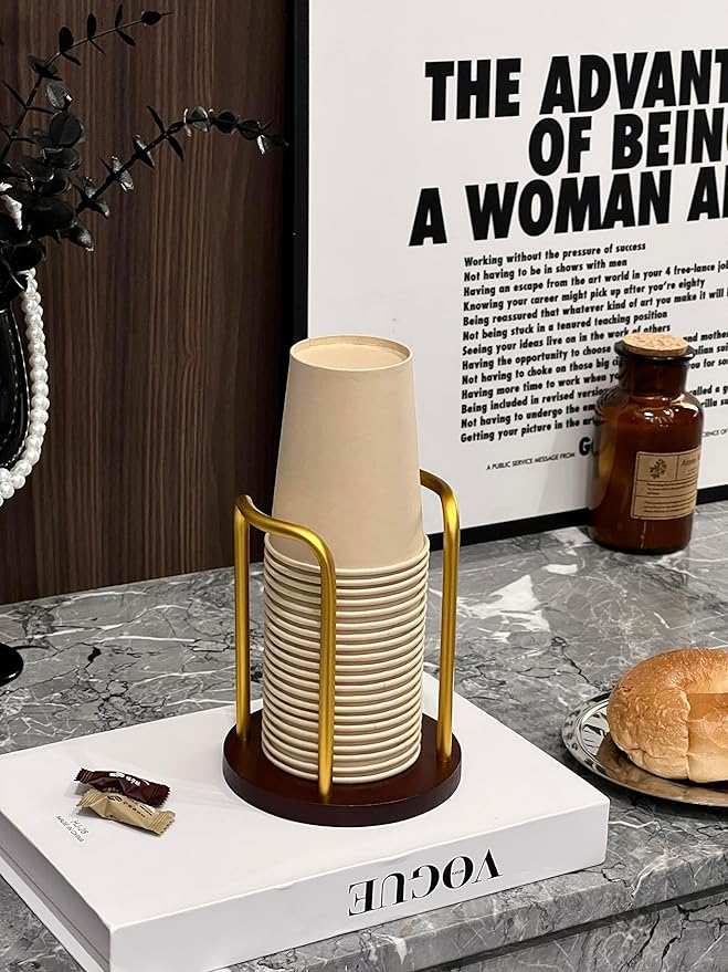 Wood Bathroom Cup Holder 8oz, Stylish Walnut Disposable Cup Dispenser, Plastic Mouthwash Cup Storage Organizer for Cups (Under 3.35in Diameter) -Perfect for Office, Kitchen, Gym, School or Cafes