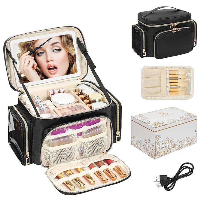 Large Makeup Bag with LED Mirror, Travel Makeup Bag Organizer for Women Girls with Makeup Brush Compartment & Two Side Pockets, 3 Color Lights Cosmetic Toiletry Bag- Leather Black