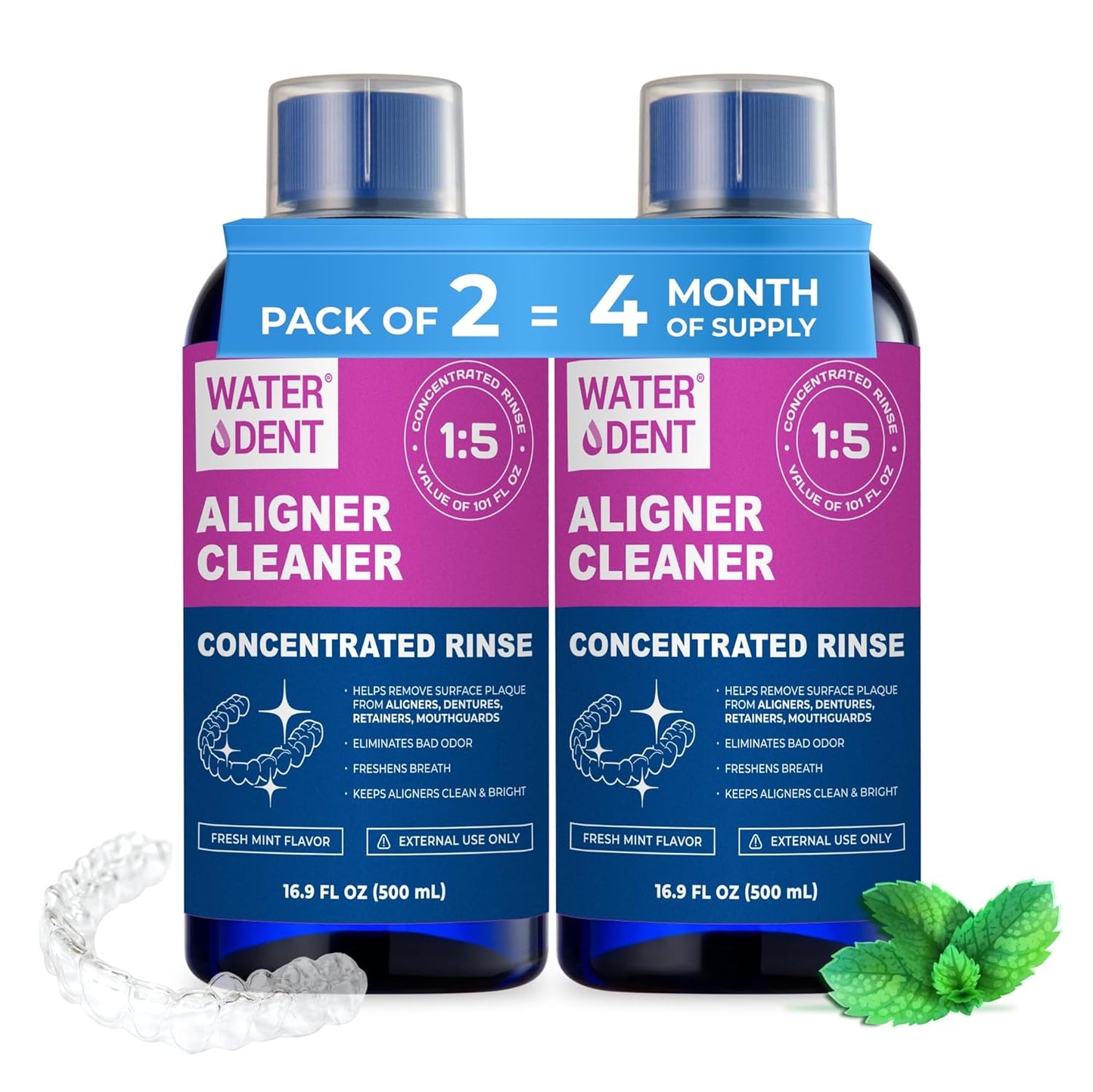 ALIGNER Cleaner Rinse | Concentrated | Clean aligners, retainers, dentures, Mouth Guards, Dental Appliance | 4 Month Supply, Alcohol Free, Minty & Fresh. Made in USA - Pack of 2 (33 fl.oz)
