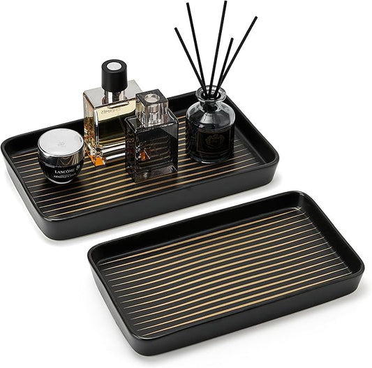 Bathroom Vanity Tray for Countertop,2PC Rectangle Striped Tray,Decorative Bathroom Organizer for Scrubber, Lotion Bottles, Perfume, Jewelry, Candle, Key Trinket Ring(Large,Black)