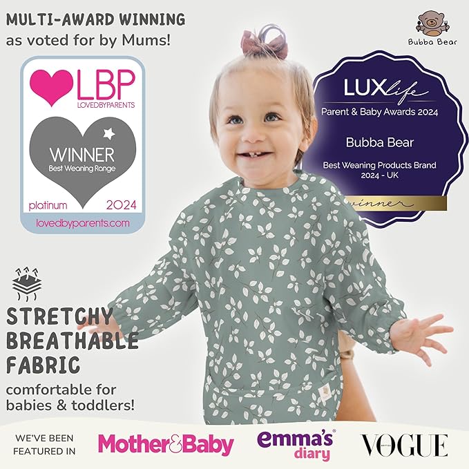 Bubba Bear Baby Bib with Sleeves, Long Sleeve Toddler Feeding Apron Bibs for Eating & Lead Weaning, Mess Proof Full Sleeved