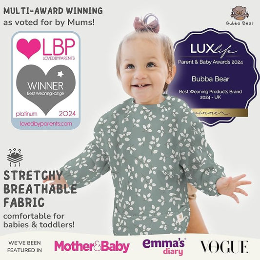 Bubba Bear Baby Bib with Sleeves, Long Sleeve Toddler Feeding Apron Bibs for Eating & Lead Weaning, Mess Proof Full Sleeved