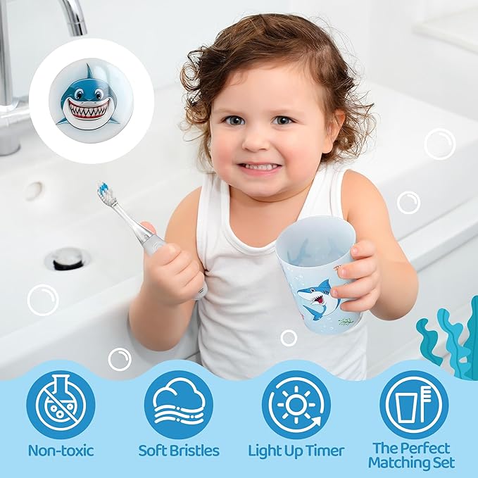 Lily's Home Kids Flashing Timer Toothbrush kids with Soft Bristles, Rising Cup & Cover - Fun 2-Min Light-Up Brushing for Children - Toddler Soft Toothbrush Kit (shark)