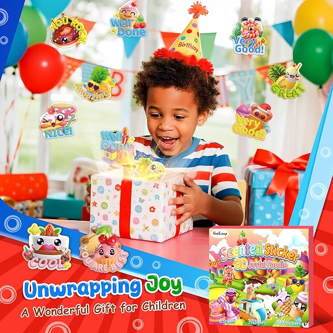 HORIECHALY 240 Pcs 3D Large Food Scratch and Sniff Stickers, Motivational Reward Scented Sticker for Kids & Teachers, Smelly Stickers for Classroom, Birthday, Student Party, School