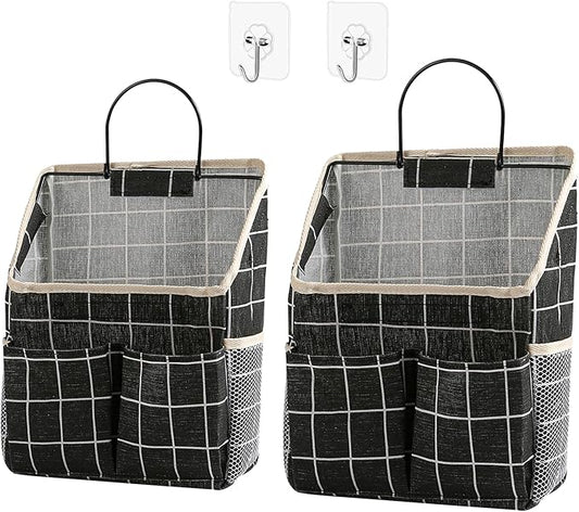 2pcs Wall Hanging Storage Bag,Wall Hanging Organizer Bags with Pockets, Wall Organizer Storage for Dormitory Bathroom Bedroom Kitchen(Black Grid)