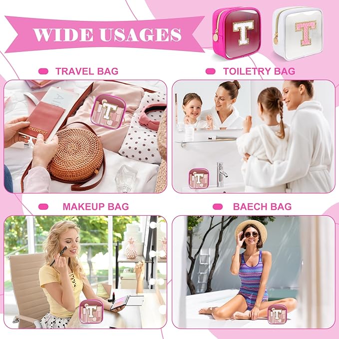 Personalized Initial Letter Clear Preppy Makeup Bag,Mini Nylon Chenille Letter Cosmetic Bag Cute Zipper Pouch Coin Purse for Teen Girls,Portable TSA Approved Travel Essentials Bag Gift for Women,T