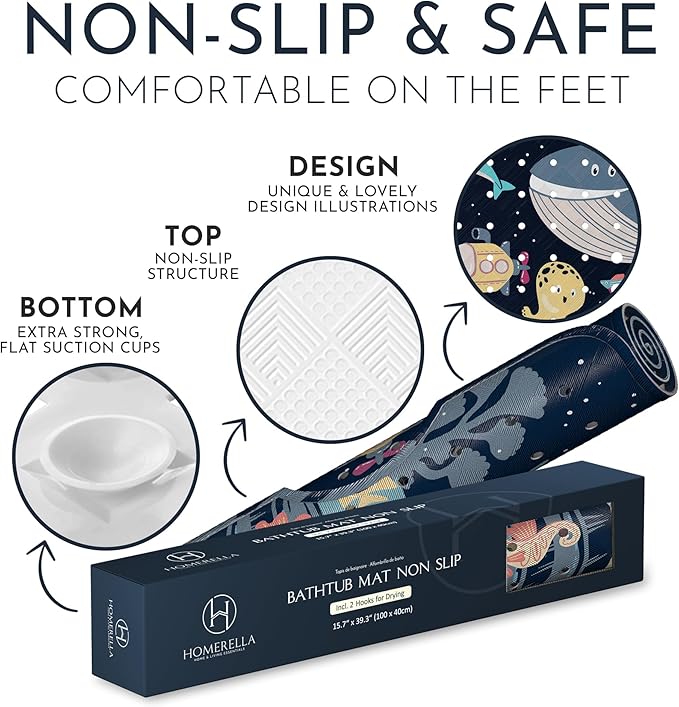 Bath Tub Mat Non Slip Anti Mold for Kids BPA Free INCL Hooks - homerella® Ocean Sea Animals 40x16, Baby Bath Mat Non Slip 200 Suction Cups, Non Toxic Machine Washable Toddler Bath Mat, EU Certified