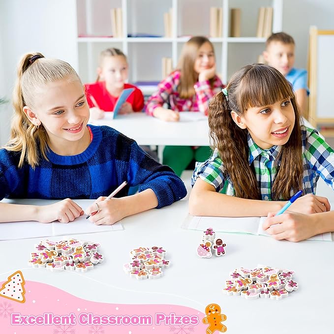CJiangpo 60Pcs Christmas Erasers for Kids Bulk, Cute Mini Gingerbread Man Pencil Rubber Erasers Novelty Desk Pets for Classroom Rewards Holiday Christmas Party Favors Filler Stocking Stuffers