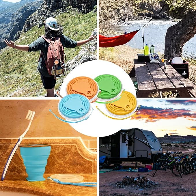 Litoexpe 4 Pack Silicone Collapsible Travel Cup Portable Folding Camping Cup Sets with Lids, Yellow & Orange & Blue & Green, Capacity 9.22oz (270ml)