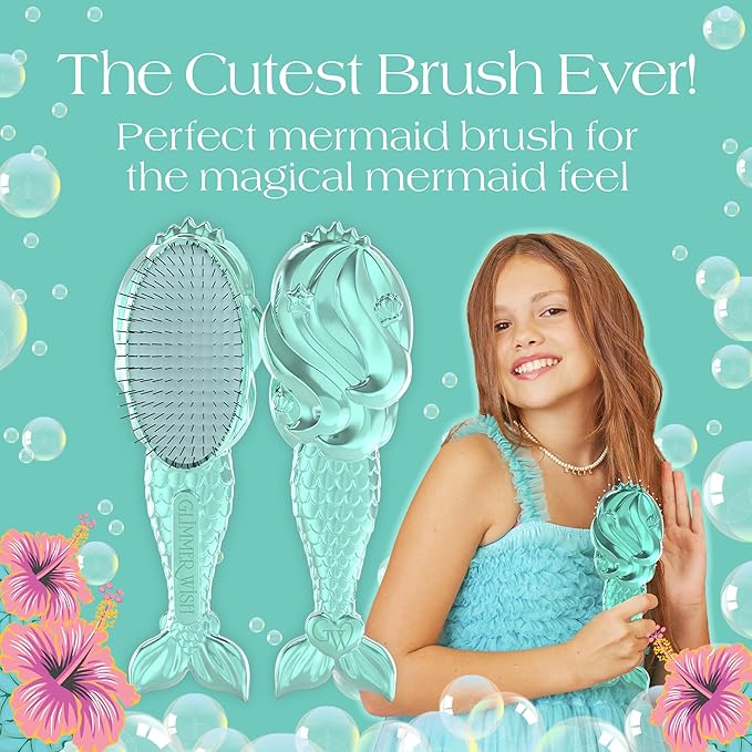 Glimmer Wish Mermaid Detangling Hair Brush for Kids - Anti Frizz and Anti Static - Soft and Long Bristles to Detangle With Ease - Gentle on Hair Kids Hair Brush