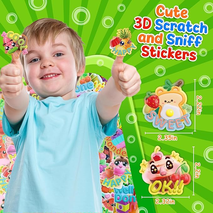 HORIECHALY 240 Pcs 3D Large Food Scratch and Sniff Stickers, Motivational Reward Scented Sticker for Kids & Teachers, Smelly Stickers for Classroom, Birthday, Student Party, School