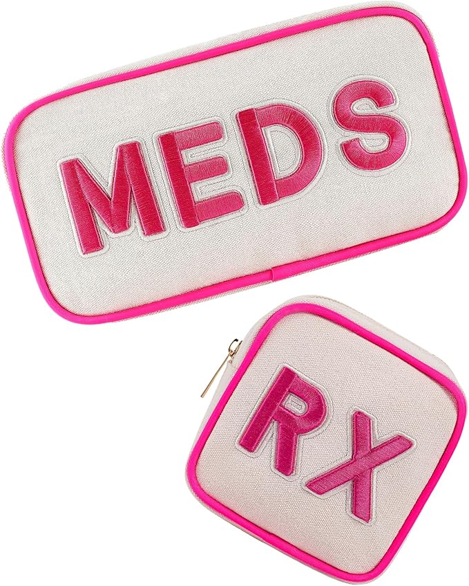2Pcs Small Canvas Rx MEDS Medicine Packages, Cute Chenille Letter Patch Drug Makeup Bag with Metal Zipper, Mini Travel First Aid Purse Organizer Machine Washable (06 2pcs Hot Pink)