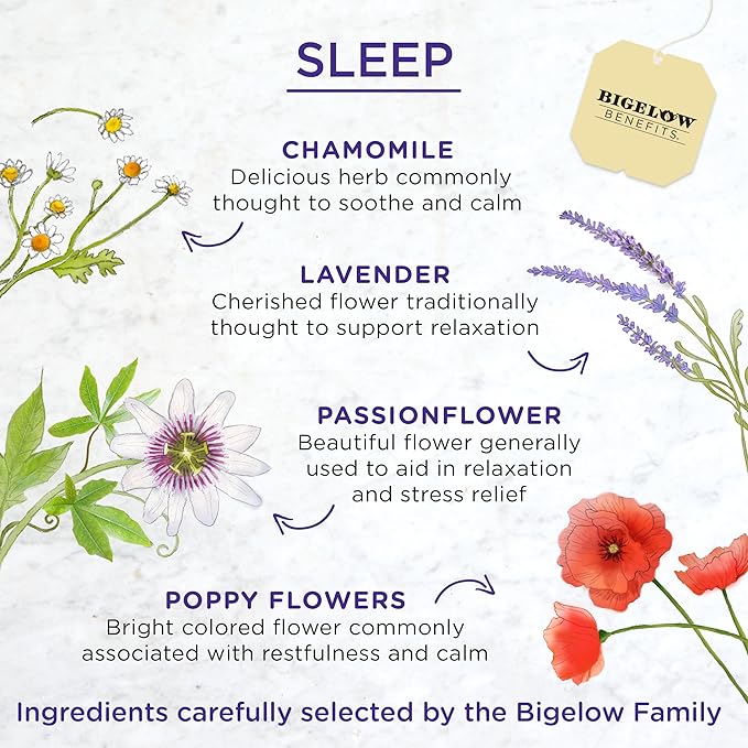 Bigelow Benefits Sleep Chamomile Lavender Herbal Tea, Caffeine Free, 18 Count (Pack of 6), 108 Total Tea Bags