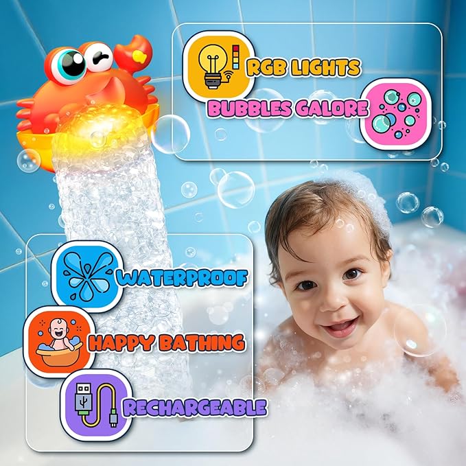 Light Up Bath Toys Crab Bubble Machine, Baby Bath Toys with Colorful Lights for Kids Ages 1-3, 4-8, Great Birthday for Toddlers Boys and Girls