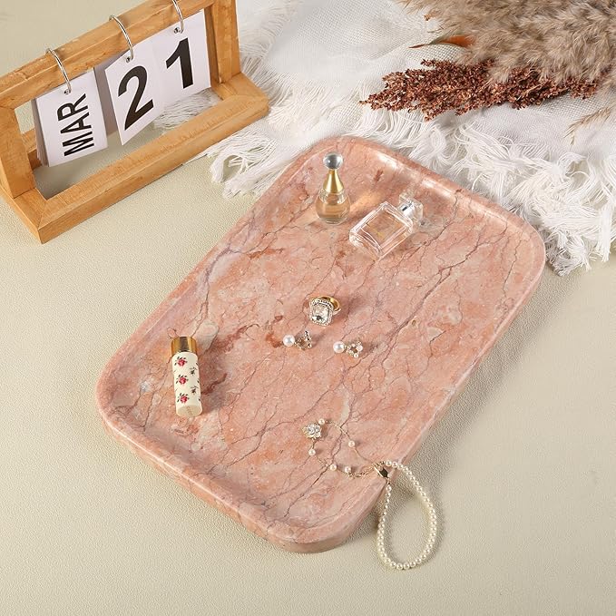Marble Vanity Tray, Bathroom Tray for Countertop, Decoration Dresser Organizer, Perfume, Jewelry Holder, Red Stone Serving for Kitchen Sink Storage(Spring Rose)