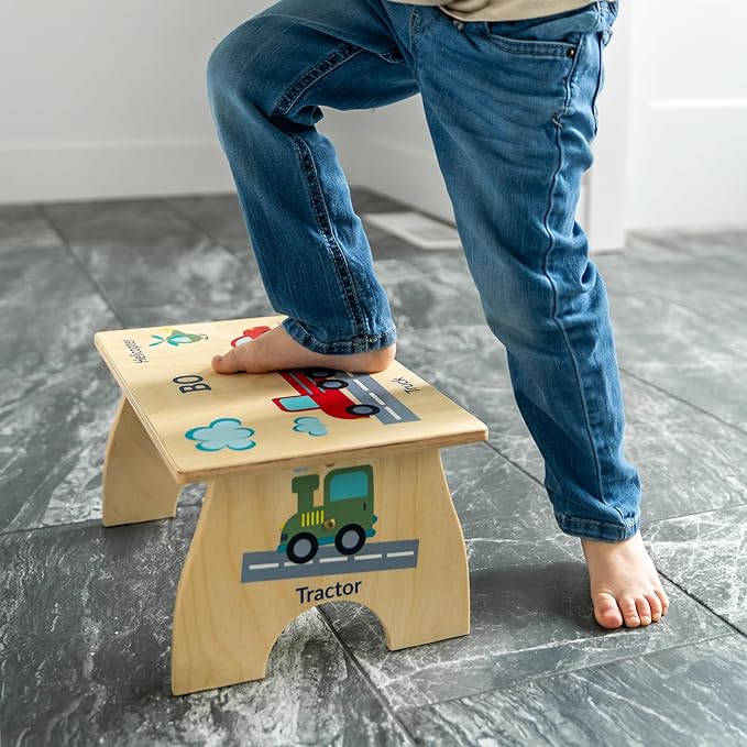 Step Stool for Toddlers- Personalized Wood Kids Step Stool with Name for Kitchen Sink, Bathroom, Potty Training, Toilet, Kitchen Sink- Sturdy and Safe- Made in USA by BloomOwl (Transportation)