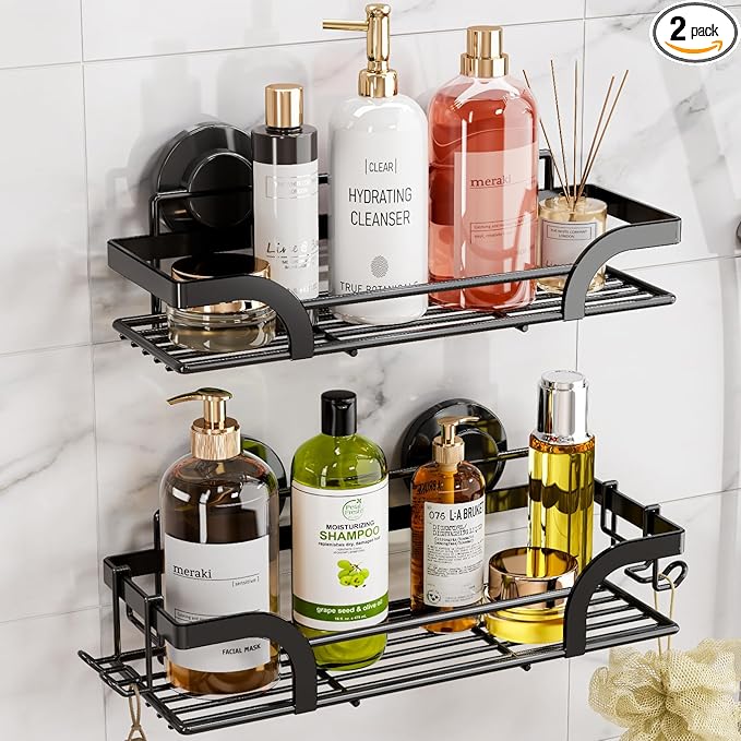 LEVERLOC Shower Caddy Suction Cup, 2 Pack Shower Shelves for Inside, Black Rustproof Metal Bathroom Storage NO-Drilling Bathroom Organizer with Large Capacity, Heavy Duty Storage Basket