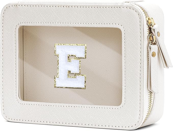 Initial Travel Toiletry Bag - Cosmetic Bags for Girls with Zipper, Clear & Potable Makeup Bag for Travel, Cosmetic Pouch Perfect Gifts for Graduation (Beige, E)