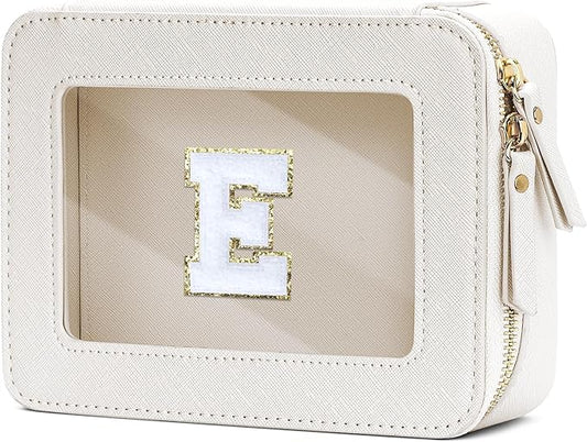 Initial Travel Toiletry Bag - Cosmetic Bags for Girls with Zipper, Clear & Potable Makeup Bag for Travel, Cosmetic Pouch Perfect Gifts for Graduation (Beige, E)