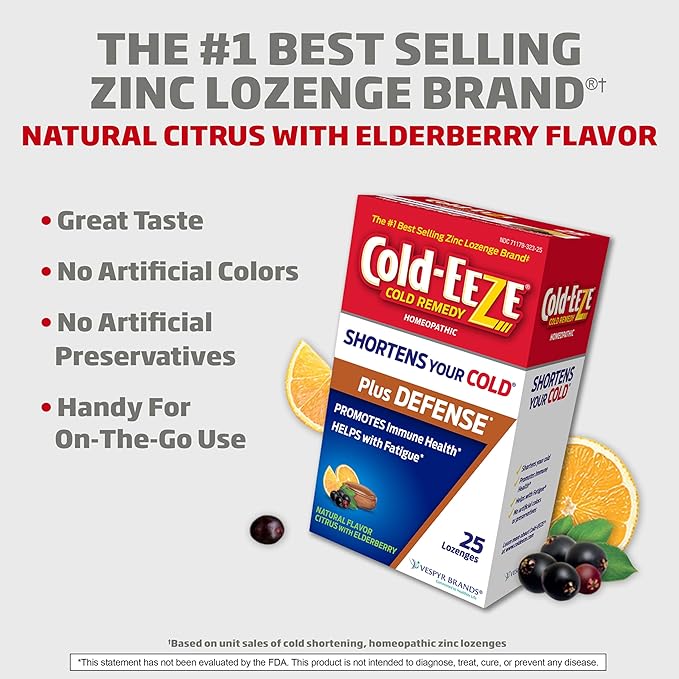 Cold-Eeze Plus Defense Natural Citrus with Elderberry Zinc Lozenges, 25 Ct (Pack of 2)