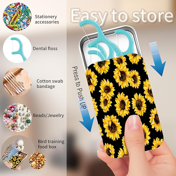Portable Dental Floss Case, Refillable Cute Travel Floss Dispenser for Men & Women, Pocket Travel Floss Picks Case for Purse, Backpack, Bag Bright Yellow Sunflowers