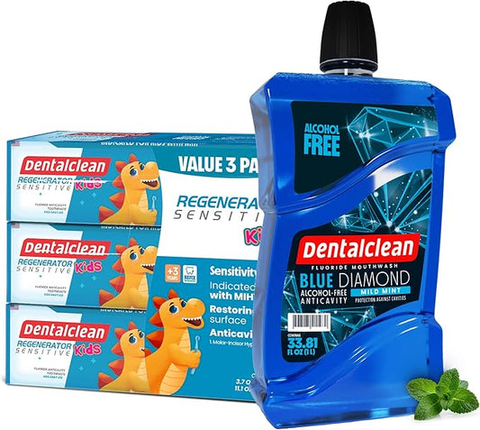 Pack of 3 Kids Gel Toothpastes with MIH Support (Tutti-Frutti Natural) – Enamel Regeneration & Sensitivity Relief, 3.7 oz + Alcohol-Free Mouthwash 33.8 Fl Oz (Blue Diamond Mint)