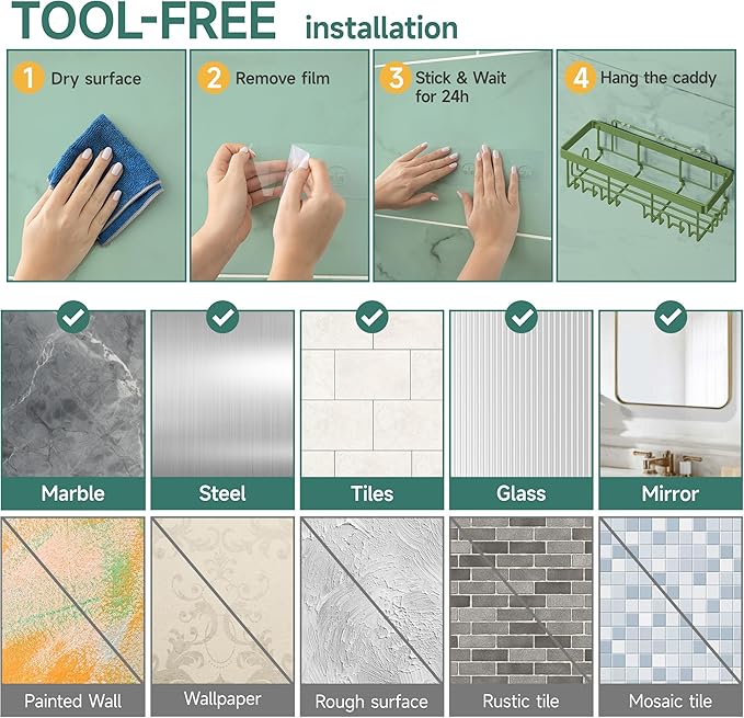 Veken Rustproof & Waterproof Shower Caddy 6-Pack, No Drilling Adhesive Shelves Rack with Soap Holder, Large Capacity Bathroom Organizers and Storage, Wall-Mounted Kitchen & Home Decor, Green