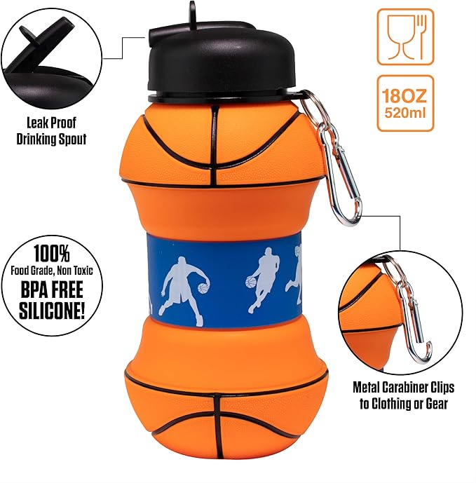 Maccabi Art Clip-On Collapsible BPA-Free Silicone Basketball Water Bottle for Kids, 18 Oz. Size