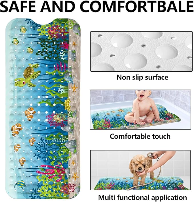 LNOND Sea Turtle Bath Mat for Tub for Kids, Ocean Bathtub Mat, Kids Bath Mats for Bathroom Non Slip with Drain Holes and Suction Cups,Machine Washable (40 X 16 Inch)