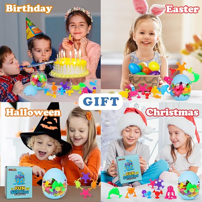 50 Pieces Suction Bath Toys for Kids Age 3+, Baby Silicone Ocean Animal Sucker Toys with Dinosaur Eggshell, Sensory Travel Window Toys for Toddlers, Stress Release Gifts for Boys Girls Ages 4-8