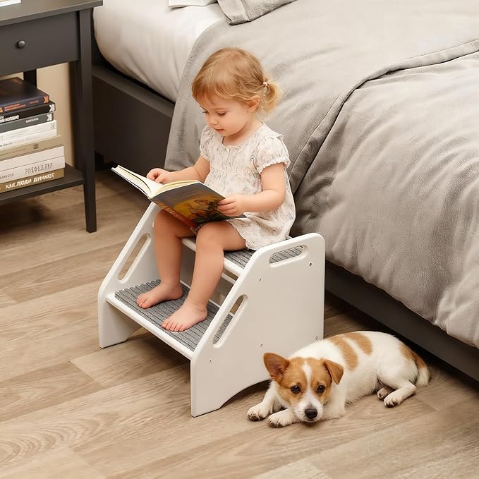 AMBIRD Wooden Step Stool with Washable and Removable Mats, Toddler Step Stools 300 lbs Capacity with Non-Slip Pads and Handles, Kid Step Stool for Kitchen, Bathroom, Bedroom (White with Gray Mats)