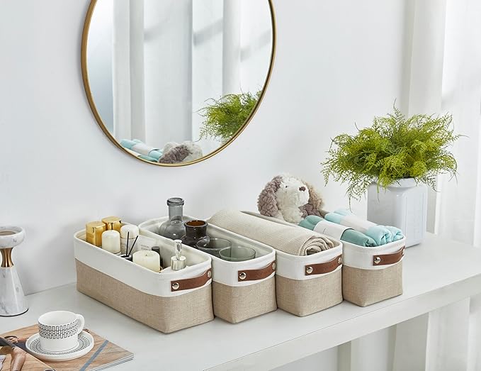 DECOMOMO Narrow Storage Bins Small Baskets for Organizing Bathroom, Toilet Tank, Towel Storage, Entryway, Gifts (Beige and White - Set of 4)