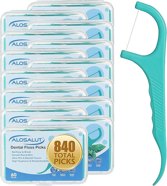 840 Count Dental Floss Picks – Mint Flavored Flossers with Built-in Toothpick for Deep Cleaning – 14 Portable Boxes of 60 – Strong & Smooth Floss Sticks for Family Home Travel - Adults & Kids