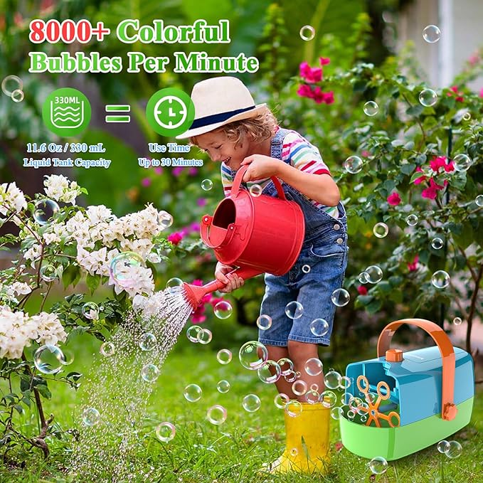 Bubble Machine, 3-in-1 Bubble Maker, Automatic Bubble Blower with 3 Bubble Wands, 8000+ Colorful Bubbles for Kids Toddlers, Operated by Plug-in or Batteries for Indoor Outdoor Birthday Party