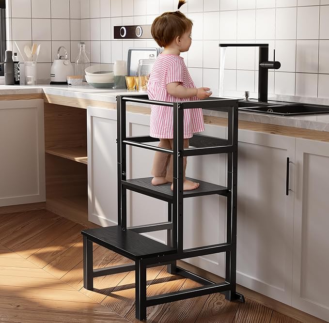 Kitchen Step Stool for Toddlers, Height Adjustable Toddler Tower with Safety Rail, Steel and Wood Toddler Kitchen Stool Helper Kids, Stool for Kids, Learning Tower, Kids' Desk Black