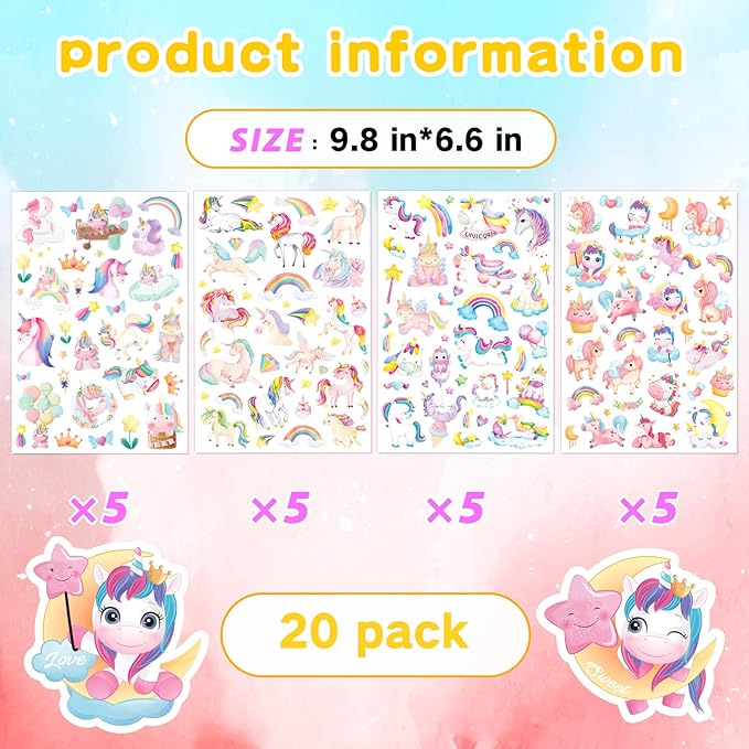 Cute Pink Unicorn Adhesive Stickers Rainbow Magical Star Unicorn Stickers 715 Count for Girls Toddlers Birthday Invitations Envelopes Decorations Party Goodie Gifts Bags Decor School Class Rewards