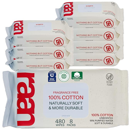 Raan, 100% Cotton Baby & Toddler Wipes, Unbleached, 99% Purified Water, Unscented, EWG verified, Made for Sensitive Skin, Extra Soft and Durable, 8 pack, 480 Count