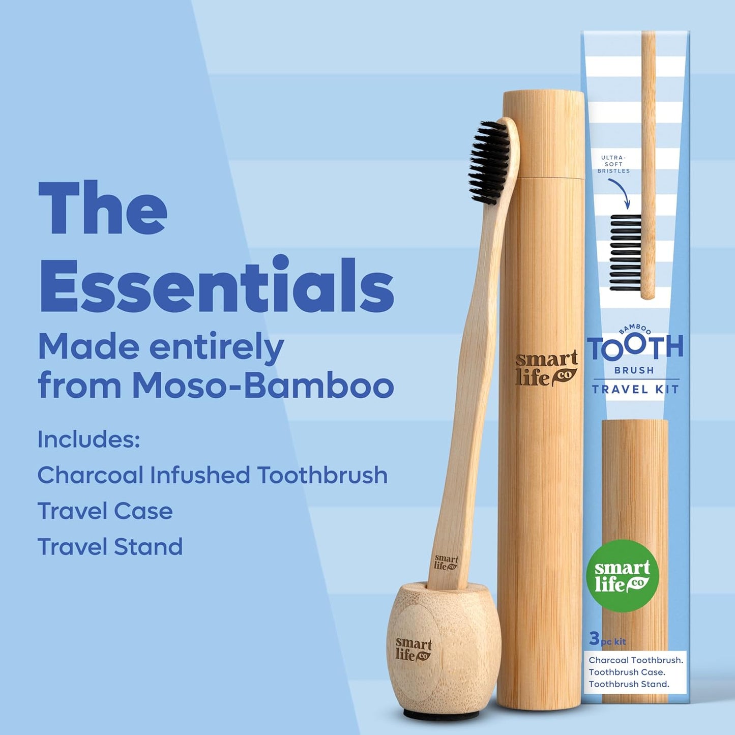 Bamboo Charcoal Toothbrush with Travel Case & Holder Kit - Extra Soft Natural Bristles for Sensitive Teeth | Eco Friendly Portable Wooden Travel Set | Single Wood Toothbrushes Stand & Cover