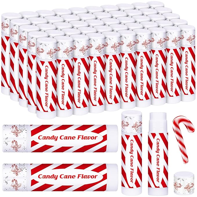 25 Pack Christmas Lip Balms Bulk Christmas Candy Peppermint Cane Scented Holiday Flavor Lip Balm Gifts Xmas Party Gifts Bulk Xmas Items Stocking Stuffers for Women Men Staff Employee (Candy)