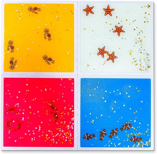 Kids Sensory Liquid Tiles: 11.8" X 11.8", Set of 4 Square Liquid Fusion Activity Playmats with Different Glow-in-The-Dark Colors for Baby, Toddler and Kids Gym, Nursery, Playroom.