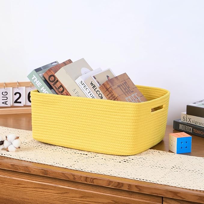 Large Storage Baskets for Organizing, Closet Shelf Baskets for Clothes Blanket Towels, Baby Nursery, Toy Bins Box, Woven Rope Baskets, 17 x 13 x 7.5”, 4 Packs Yellow