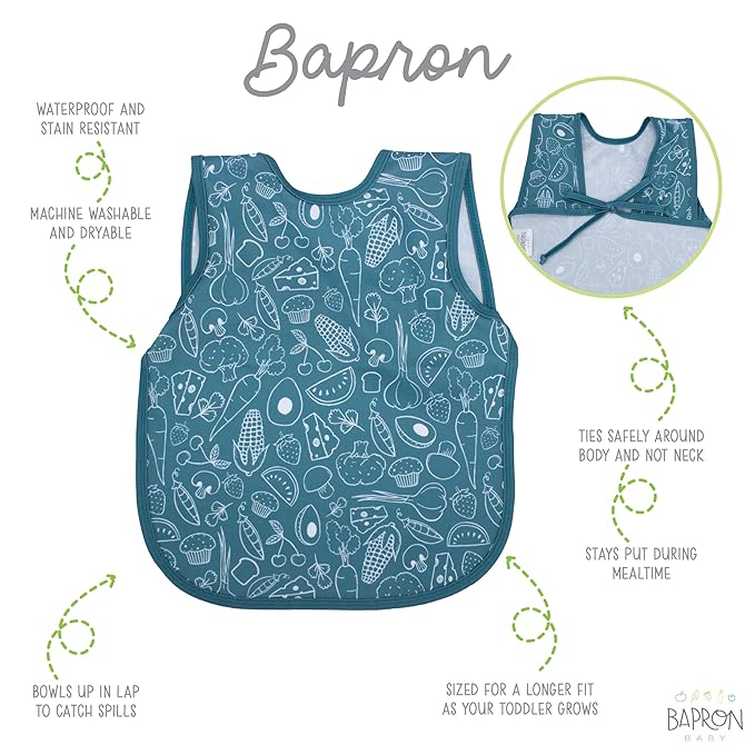 BapronBaby Neutral Foodie Bapron - No Neck Tie Safer Bib for Baby & Toddler - Soft Waterproof Stain Resistant - Machine Washable - Sz Preschool 3-5yrs