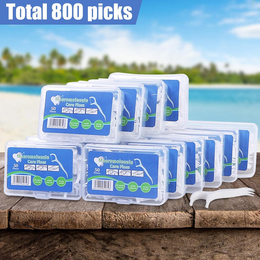 800 Count Dental Floss Picks – Built-in Toothpicks for Deep Cleaning, Comfortable Handle to Remove Plaque & Protect Gums – Family Pack with 50 Picks per Portable Case for Adults & Kids