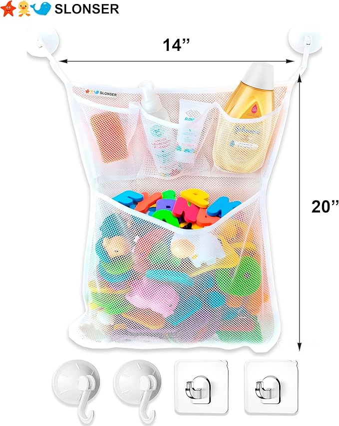 Bath Toy Holder 14x20 Inch, Mesh Bathtub Toy Storage Basket, Kids Bath Net, Tub Holder Bag, Toddler Shower Caddy Hanging Bucket Bin, Baby Bathroom Organizer with 2 Suction Cups, 2 Adhesive Wall Hooks
