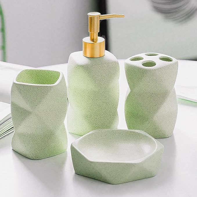 Bathroom Accessories Set,4 Pcs Bathroom Accessory Set,Includes Lotion Soap Dispenser,Toothbrush Holder,Tumbler,Soap Dish,Ceramic Bathroom Sets Complete,Bathroom Sink Set for Modern Home Decor(Green)